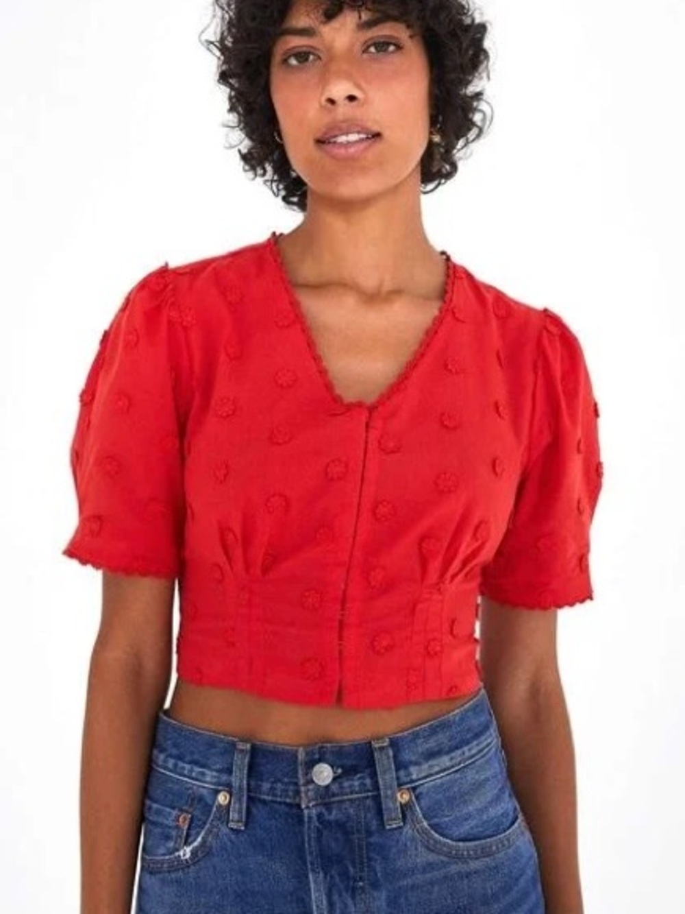 FARM RIO Harmonia Red Crochet Short Puff Sleeve Crop Top